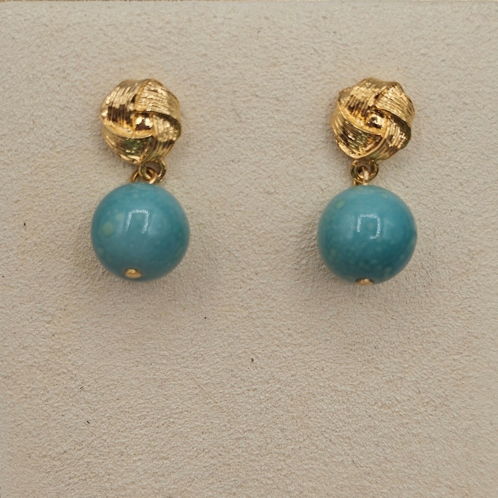 Turquoise Blue Gold Tone Bead Dangle Earrings Knot Post 1" Southwest Coastal